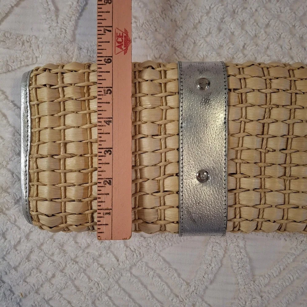 Kate Spade Woven Straw Clutch Bag Beige Silver Metallic Leather Trim Rattan